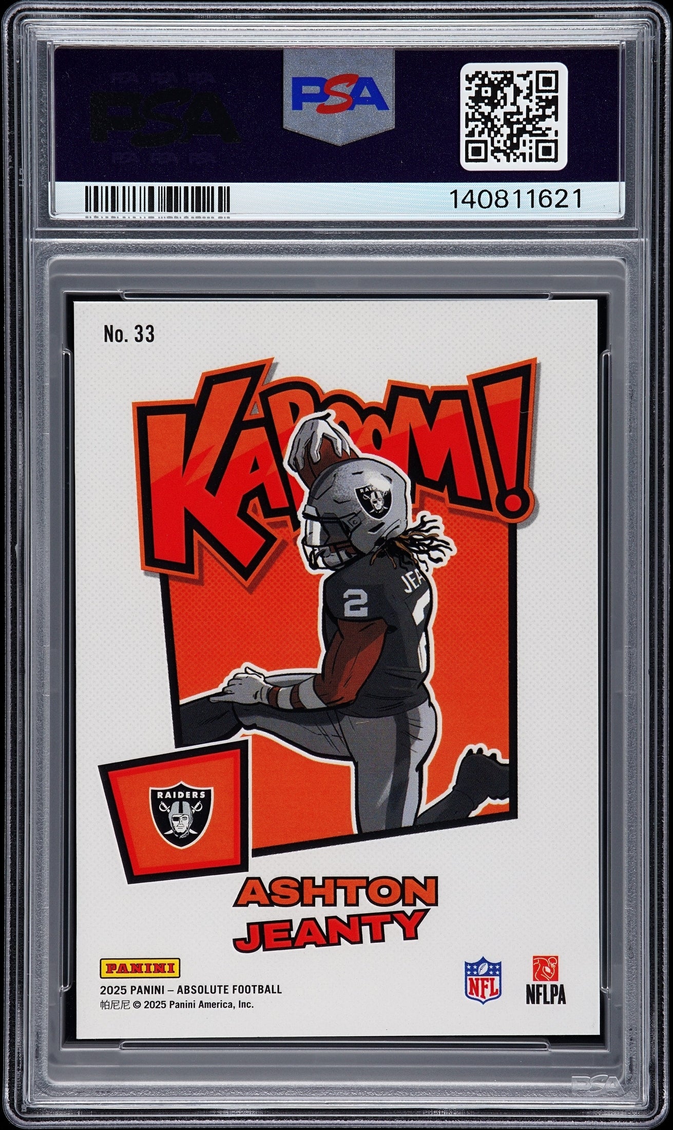 rear card 2025 PANINI ABSOLUTE KABOOM! HORIZONTAL ASHTON JEANTY KABOOM! HORIZONTAL-GRN 1/1 PSA AUTHENTIC 