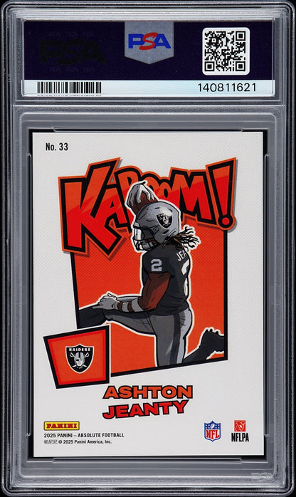 rear card 2025 PANINI ABSOLUTE KABOOM! HORIZONTAL ASHTON JEANTY KABOOM! HORIZONTAL-GRN 1/1 PSA AUTHENTIC 