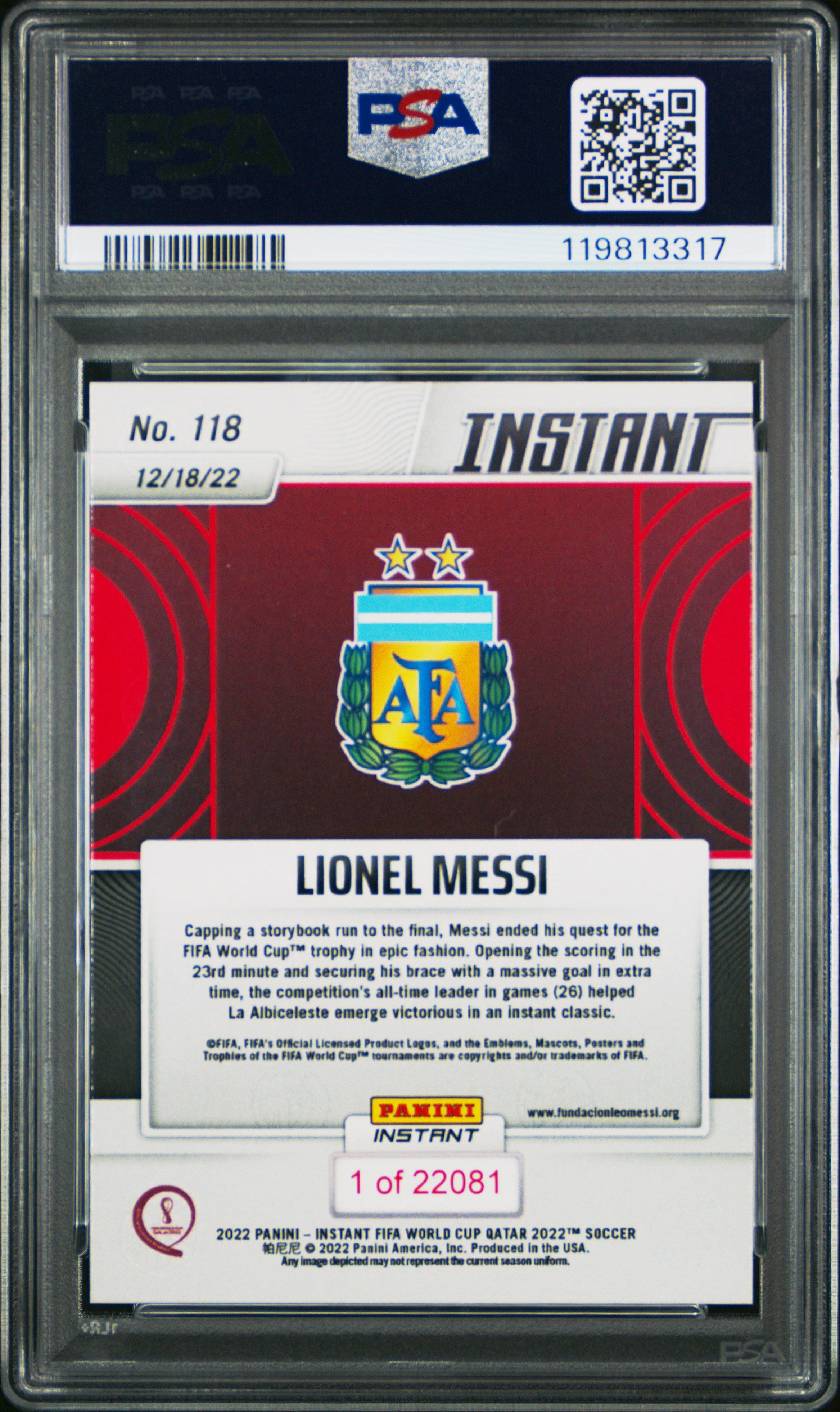 rear card 2022 PANINI INSTANT FIFA WORLD CUP QATAR LIONEL MESSI FIFA WORLD CUP QATAR PSA MINT 9 