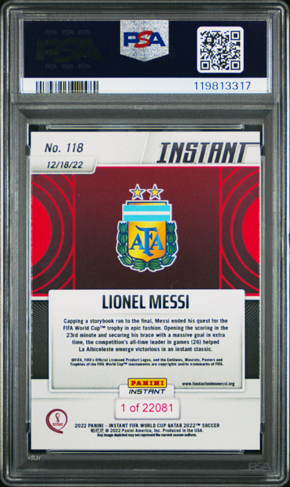 rear card 2022 PANINI INSTANT FIFA WORLD CUP QATAR LIONEL MESSI FIFA WORLD CUP QATAR PSA MINT 9 