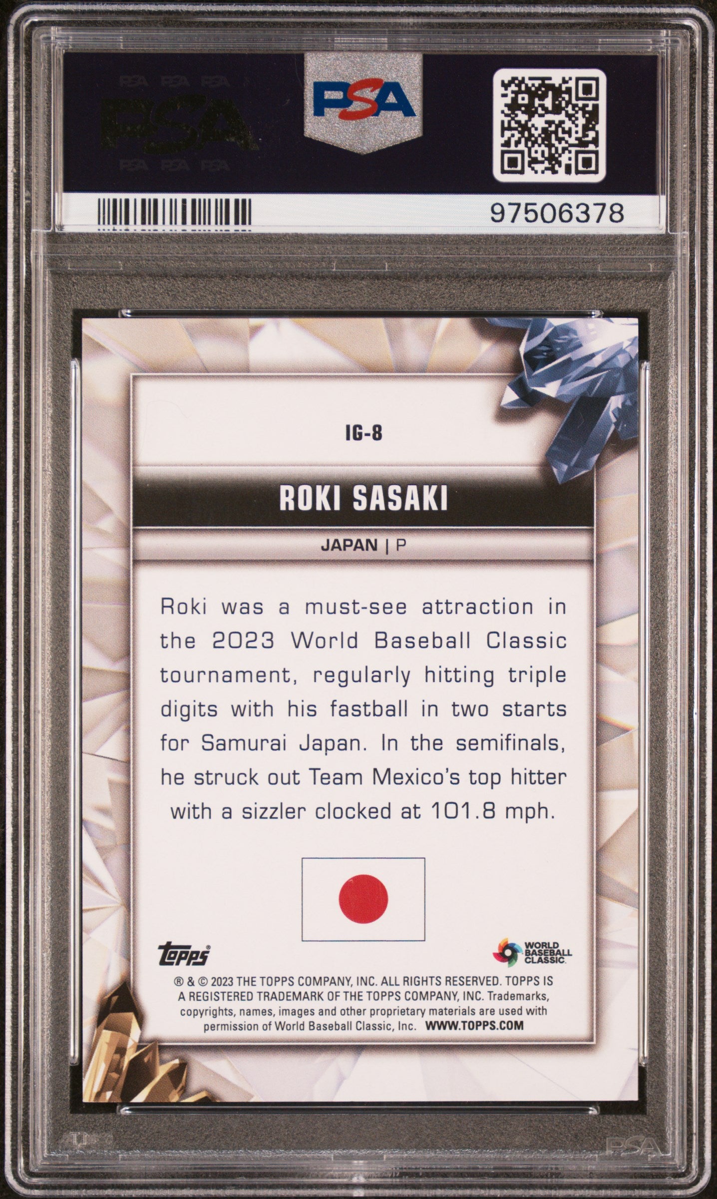 rear card 2023 TOPPS WORLD BASEBALL CLASSIC INTERNATIONAL GEMS ROKI SASAKI INTL GEMS-RED HOT FOIL PSA GEM MT 10 