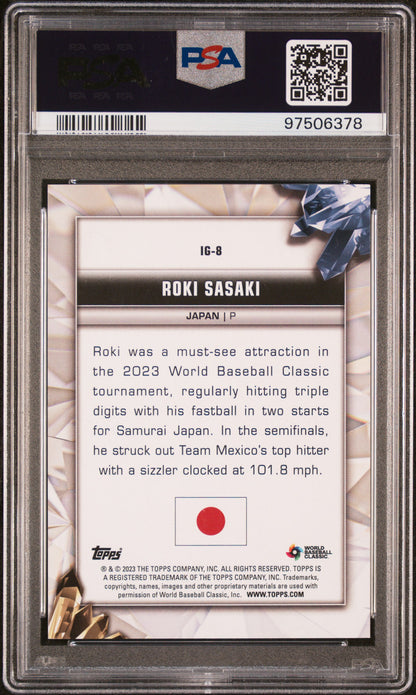 rear card 2023 TOPPS WORLD BASEBALL CLASSIC INTERNATIONAL GEMS ROKI SASAKI INTL GEMS-RED HOT FOIL PSA GEM MT 10 