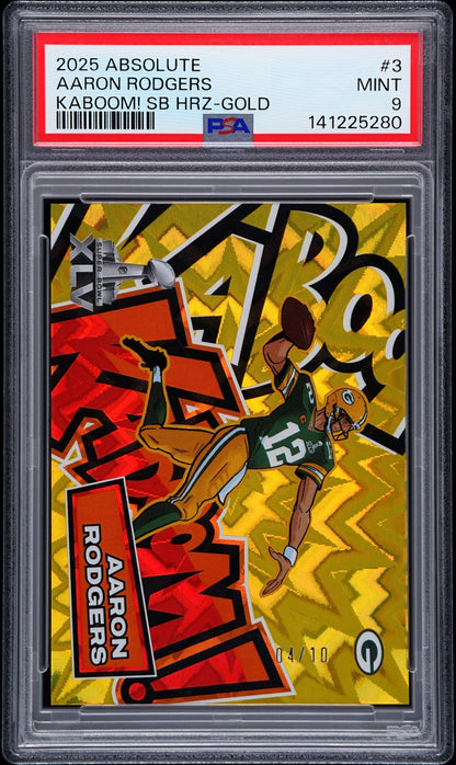 front card 2025 PANINI ABSOLUTE KABOOM! SUPER BOWL HORIZONTAL AARON RODGERS KABOOM! SB HRZ-GOLD PSA MINT 9 