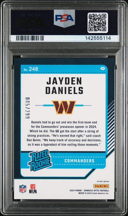 rear card 2024 PANINI DONRUSS OPTIC JAYDEN DANIELS AQUA PSA MINT 9 