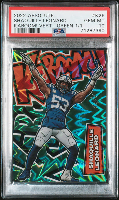 front card 2022 PANINI ABSOLUTE KABOOM! VERTICAL SHAQUILLE LEONARD KABOOM! VERT-GREEN 1/1 PSA GEM MT 10 