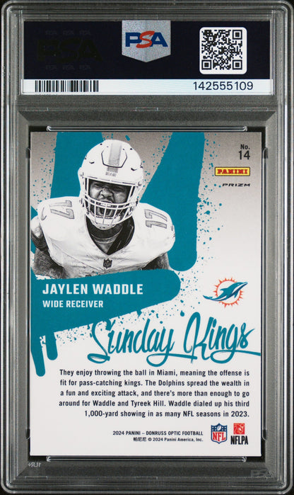 rear card 2024 PANINI DONRUSS OPTIC SUNDAY KINGS JAYLEN WADDLE  PSA GEM MT 10 