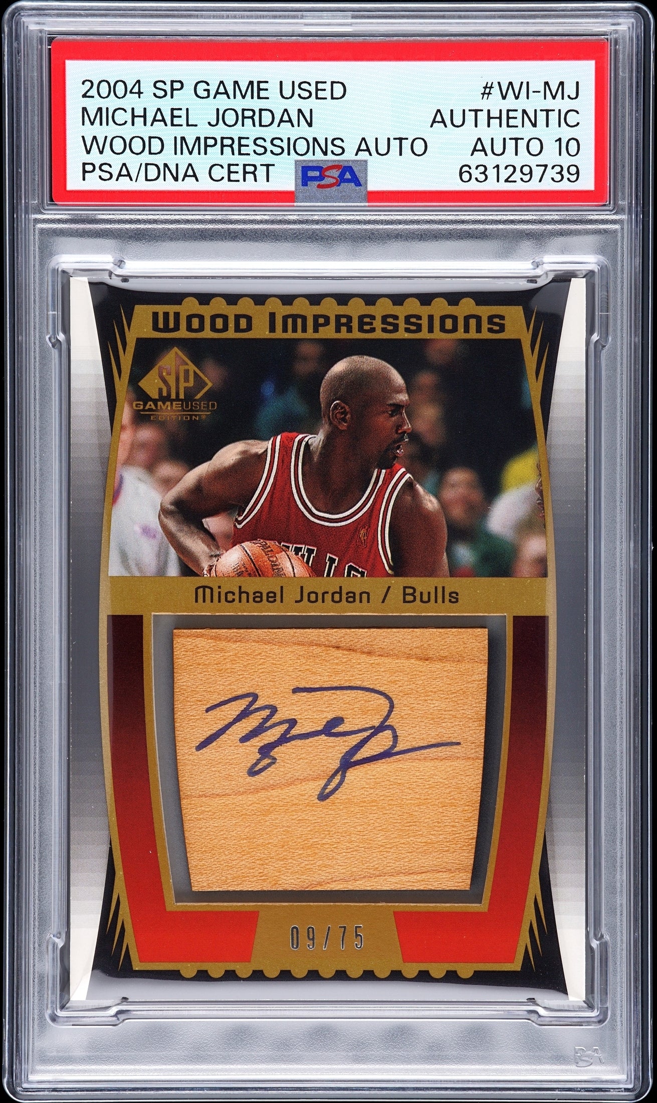 front card 2004 SP GAME USED WOOD IMPRESSIONS AUTOGRAPHS MICHAEL JORDAN WOOD IMPRESSIONS AUTO PSA AUTHENTIC 