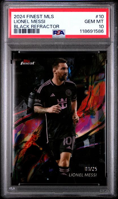 front card 2024 TOPPS FINEST MLS LIONEL MESSI BLACK REFRACTOR PSA GEM MT 10 