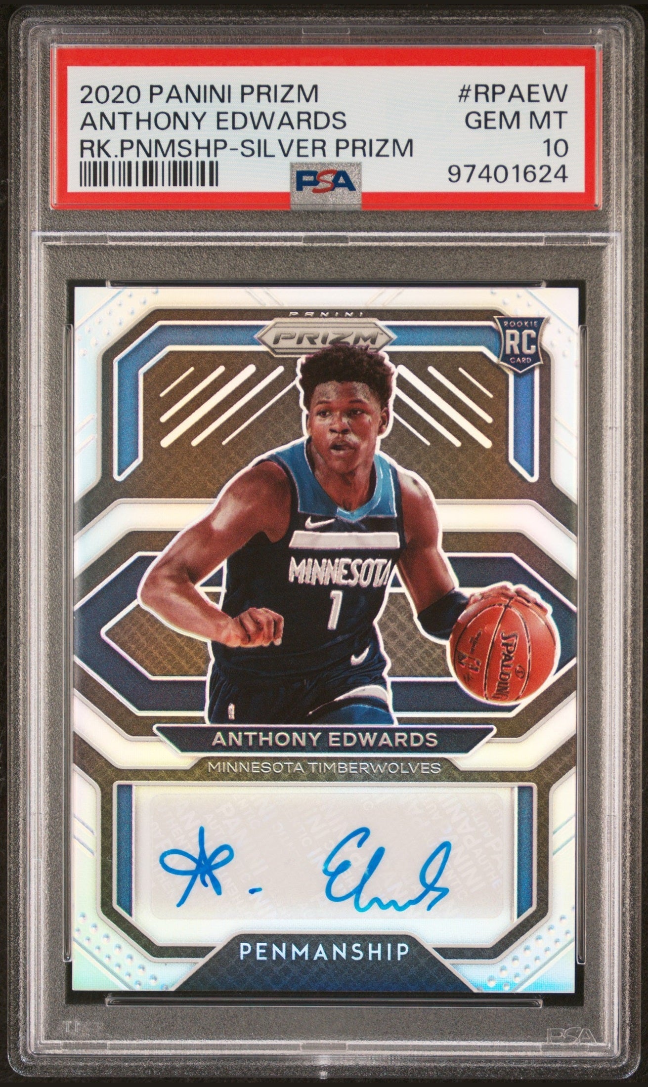 front card 2020 PANINI PRIZM ROOKIE PENMANSHIP ANTHONY EDWARDS RK.PNMSHP-SILVER PRIZM PSA GEM MT 10 