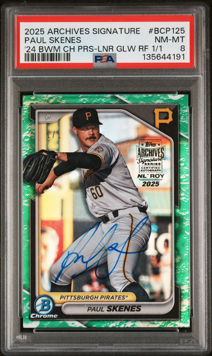 front card 2025 TOPPS ARCHIVES SIGNATURE SERIES PAUL SKENES 24 BWM CH PRS-LNR GLW RF 1/1 PSA NM-MT 8 