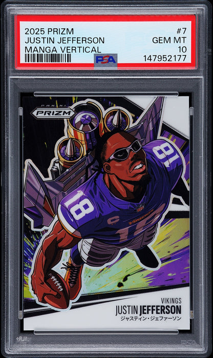front card 2025 PANINI PRIZM MANGA VERTICAL JUSTIN JEFFERSON  PSA GEM MT 10 