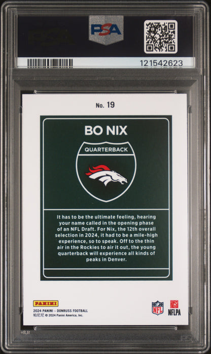 rear card 2024 PANINI DONRUSS DOWNTOWN! BO NIX  PSA GEM MT 10 