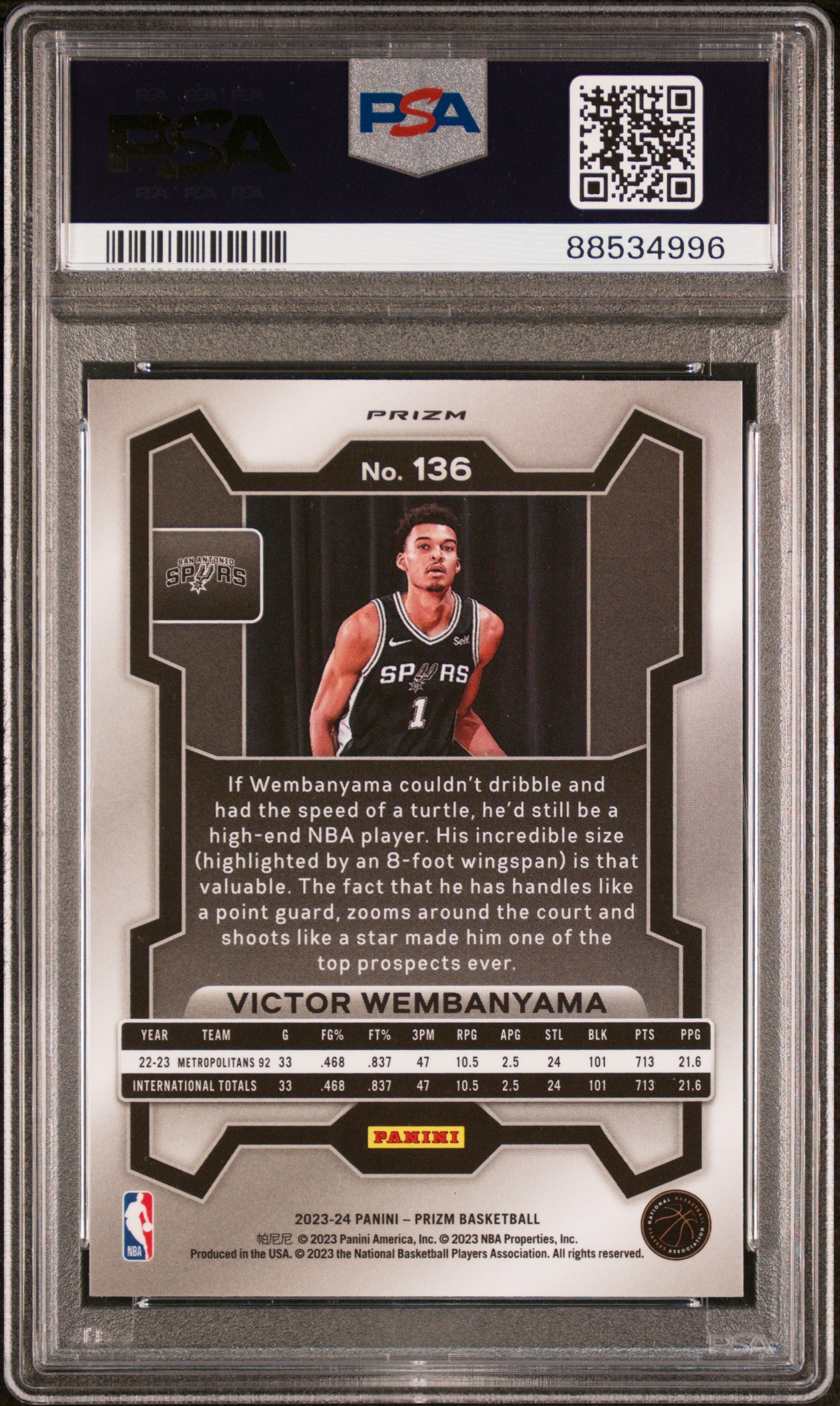 rear card 2023 PANINI PRIZM VICTOR WEMBANYAMA SILVER PRIZM PSA GEM MT 10 