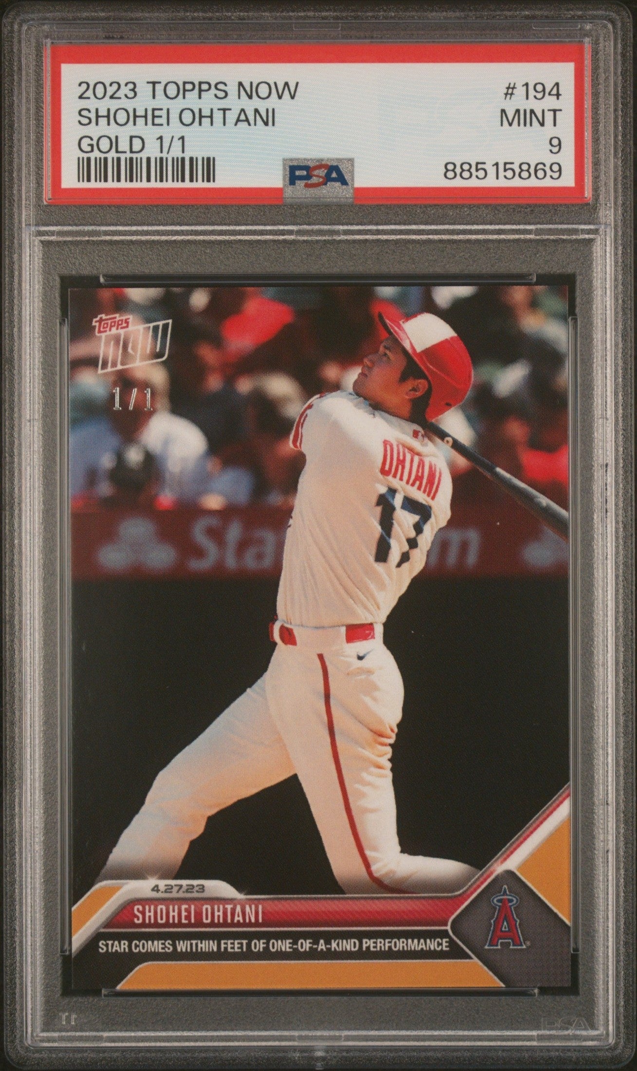 front card 2023 TOPPS NOW SHOHEI OHTANI GOLD 1/1 PSA MINT 9 