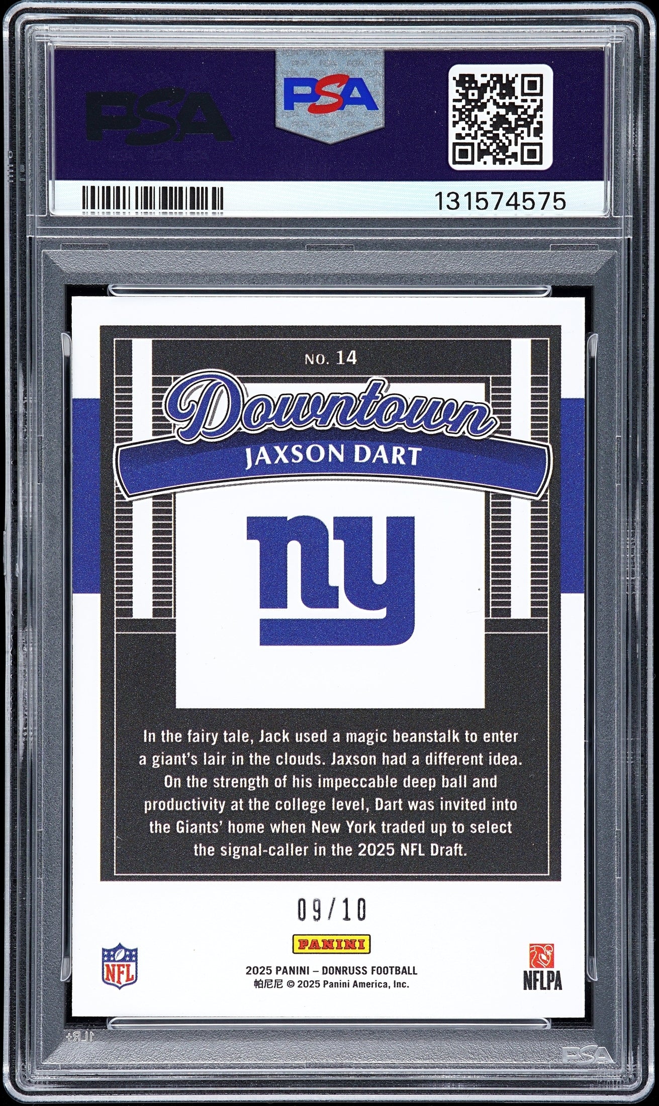 rear card 2025 PANINI DONRUSS DOWNTOWN! JAXSON DART DOWNTOWN!-GOLD PSA GEM MT 10 