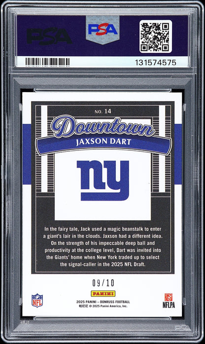 rear card 2025 PANINI DONRUSS DOWNTOWN! JAXSON DART DOWNTOWN!-GOLD PSA GEM MT 10 