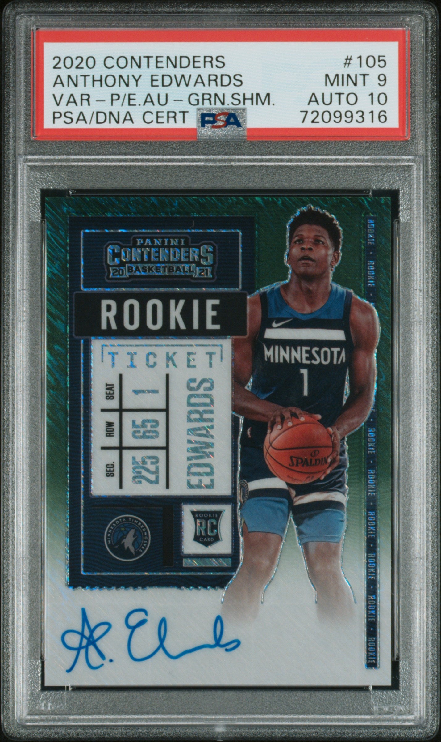 front card 2020 PANINI CONTENDERS ANTHONY EDWARDS VAR-P/E.AU-GRN.SHM. PSA MINT 9 