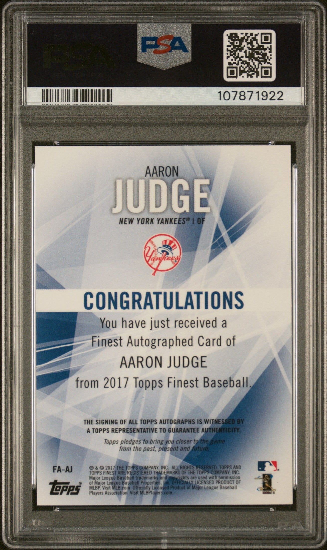 rear card 2017 FINEST AUTOGRAPHS AARON JUDGE AUTO-GREEN REFRACTOR PSA GEM MT 10 