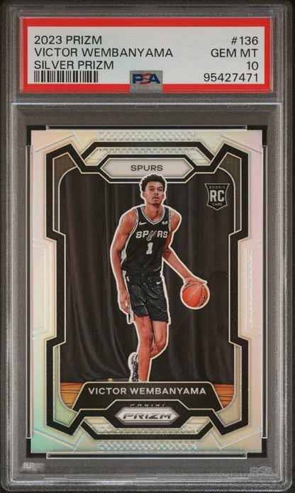 front card 2023 PANINI PRIZM VICTOR WEMBANYAMA SILVER PRIZM PSA GEM MT 10 