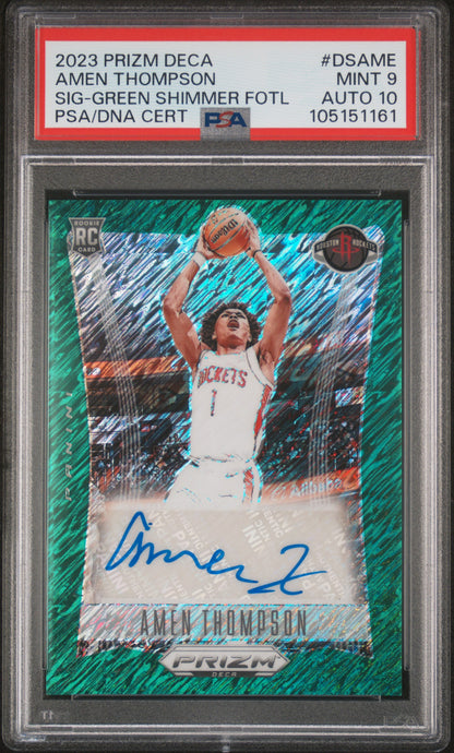 front card 2023 PANINI PRIZM DECA SIGNATURES AMEN THOMPSON SIG-GREEN SHIMMER FOTL PSA MINT 9 