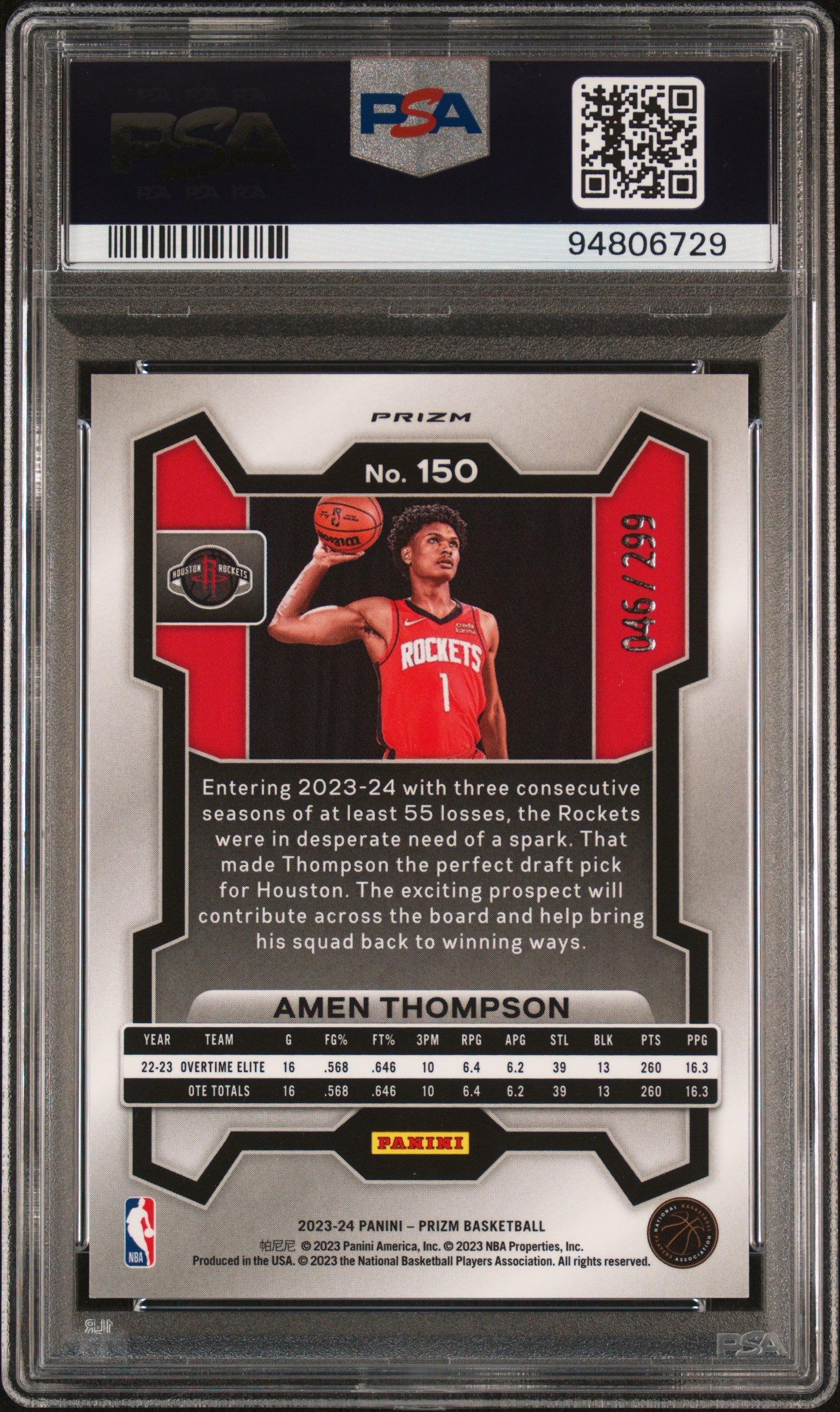 rear card 2023 PANINI PRIZM AMEN THOMPSON RED PRIZM PSA GEM MT 10 