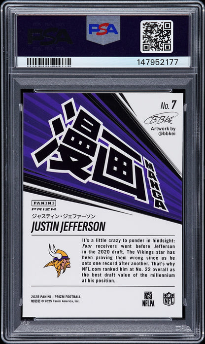 rear card 2025 PANINI PRIZM MANGA VERTICAL JUSTIN JEFFERSON  PSA GEM MT 10 