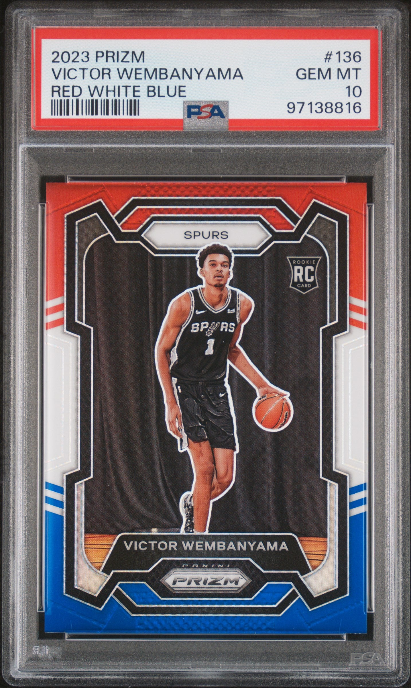 front card 2023 PANINI PRIZM VICTOR WEMBANYAMA RED WHITE BLUE PSA GEM MT 10 