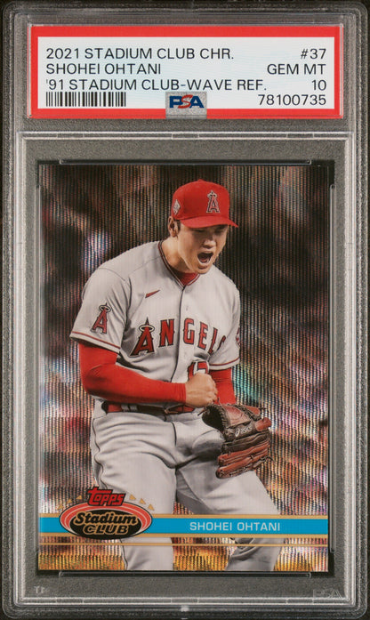 front card 2021 TOPPS STADIUM CLUB CHROME SHOHEI OHTANI VARIATION-WAVE REFRACTOR PSA GEM MT 10 