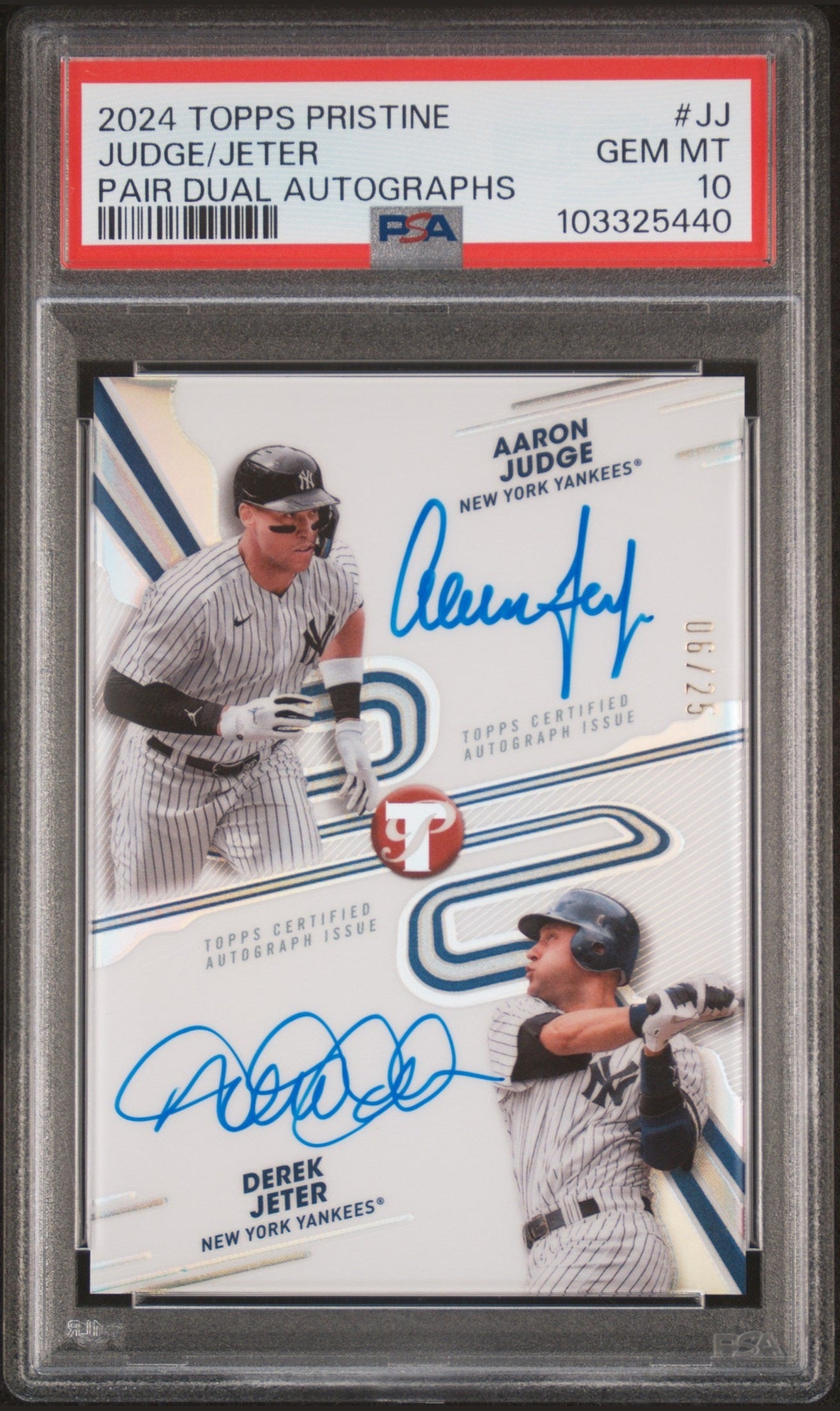 front card 2024 TOPPS PRISTINE PRISTINE PAIR DUAL AUTOGRAPHS JUDGE/JETER PAIR DUAL AUTOGRAPHS PSA GEM MT 10 