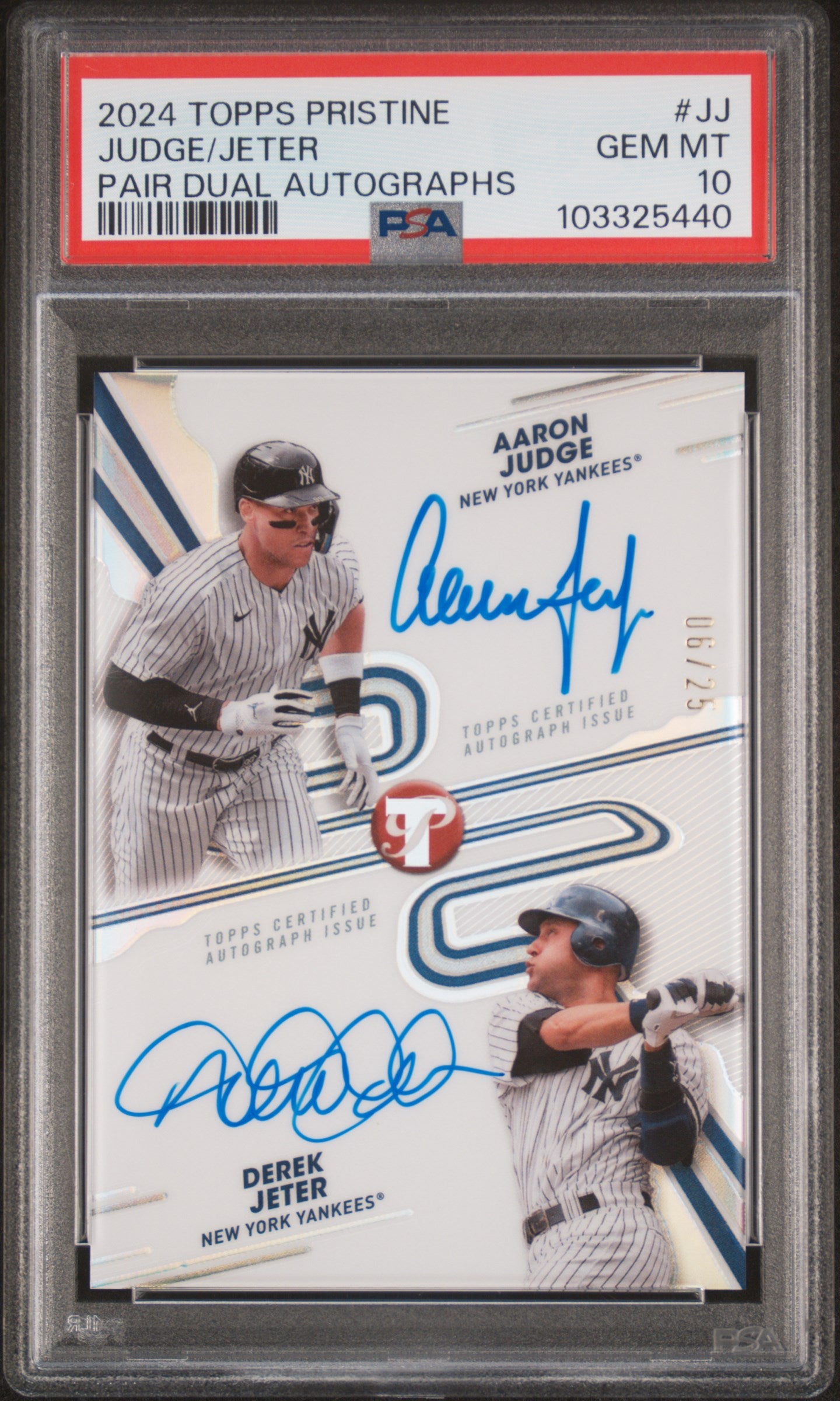 front card 2024 TOPPS PRISTINE PRISTINE PAIR DUAL AUTOGRAPHS JUDGE/JETER PAIR DUAL AUTOGRAPHS PSA GEM MT 10 