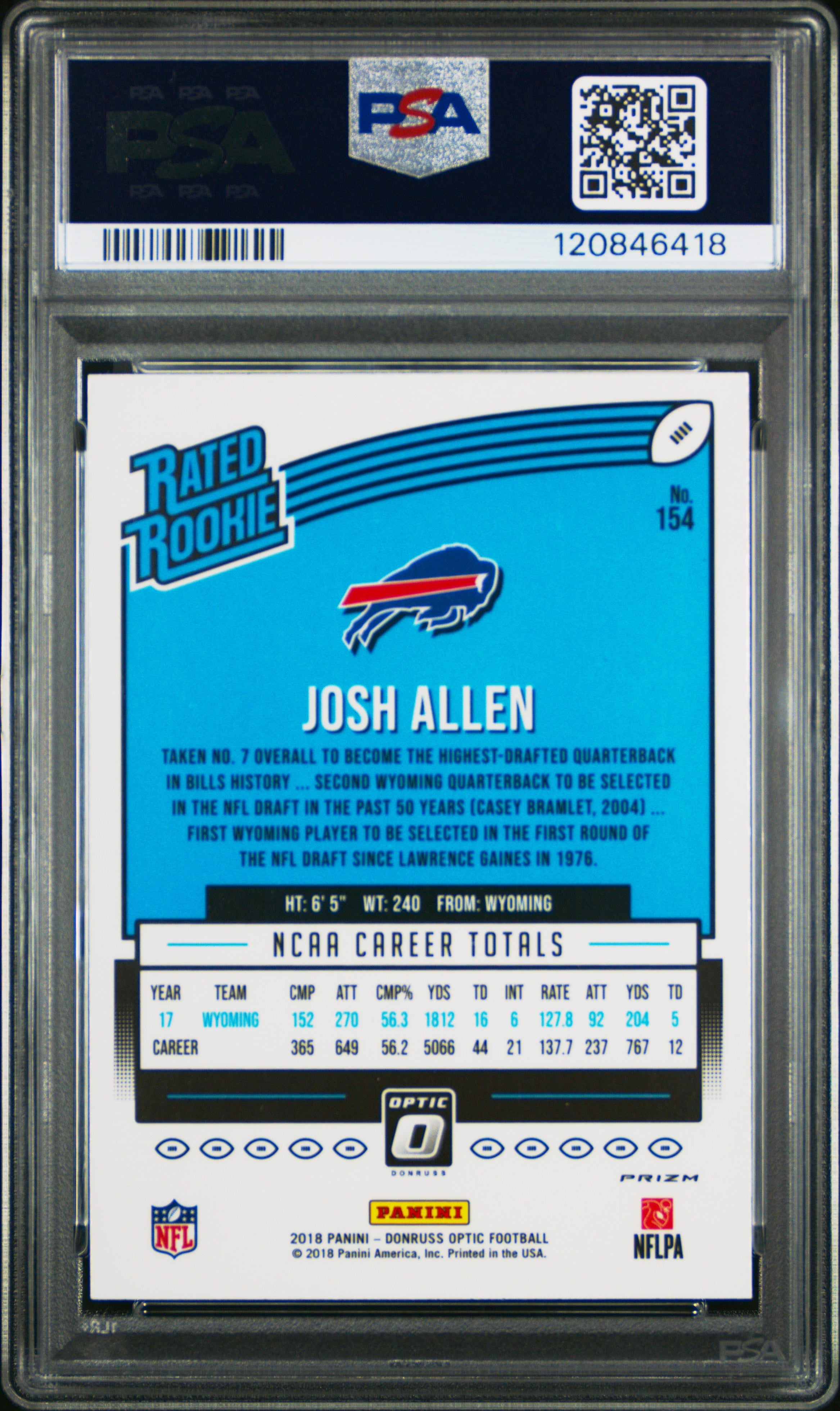 rear card 2018 PANINI DONRUSS OPTIC JOSH ALLEN HOLO PSA MINT 9 