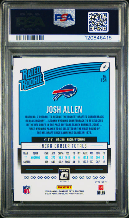 rear card 2018 PANINI DONRUSS OPTIC JOSH ALLEN HOLO PSA MINT 9 