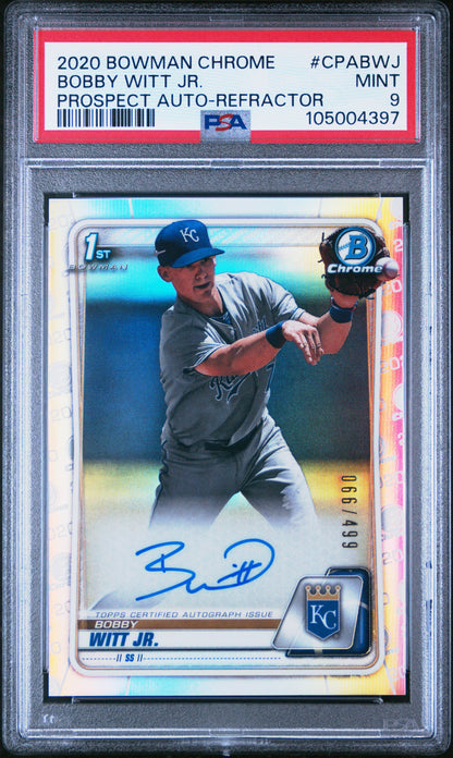 front card 2020 BOWMAN CHROME PROSPECT AUTOGRAPHS BOBBY WITT JR. PROSPECT AUTO-REFRACTOR PSA MINT 9 