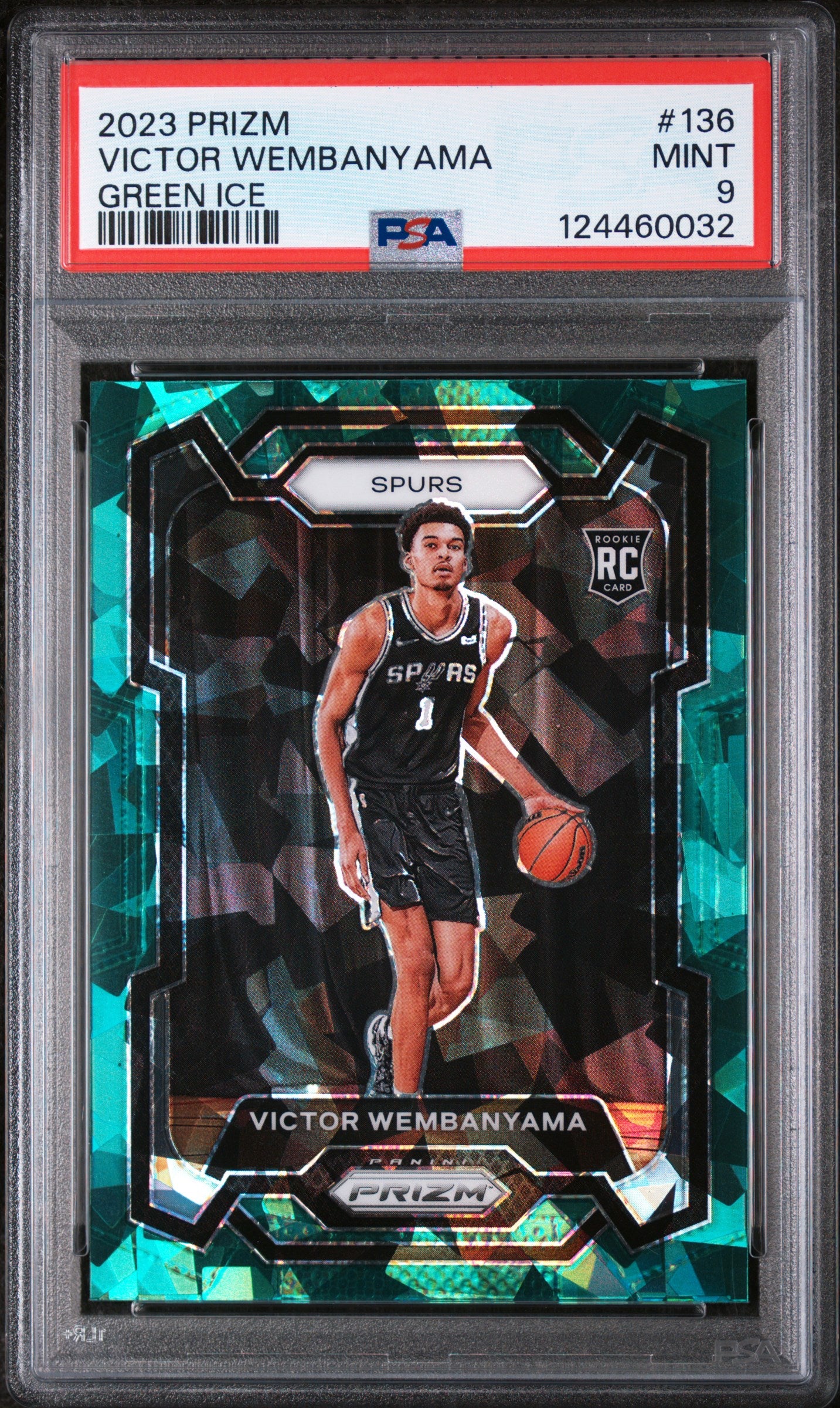 front card 2023 PANINI PRIZM VICTOR WEMBANYAMA GREEN ICE PSA MINT 9 