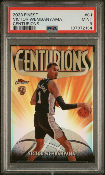 front card 2023 TOPPS FINEST CENTURIONS VICTOR WEMBANYAMA  PSA MINT 9 