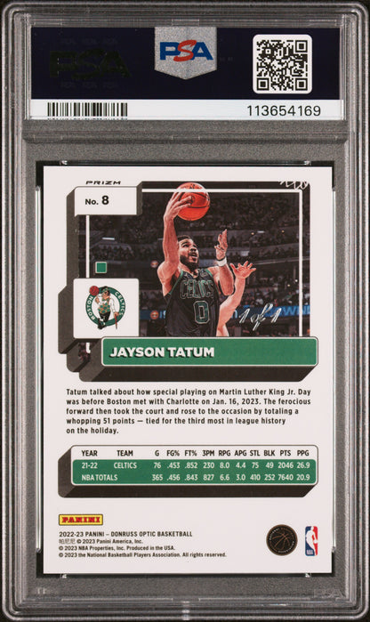 rear card 2022 PANINI DONRUSS OPTIC JAYSON TATUM FAST BREAK BLACK 1/1 PSA GEM MT 10 