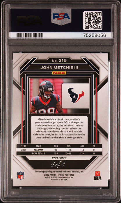 rear card 2022 PANINI PRIZM JOHN METCHIE III AUTO-BLACK FINITE 1/1 PSA MINT 9 