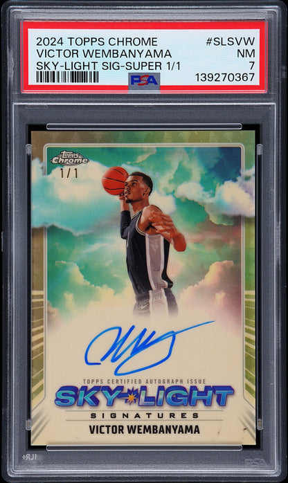 front card 2024 TOPPS CHROME SKY-LIGHT SIGNATURES VICTOR WEMBANYAMA SKY-LIGHT SIG-SUPER 1/1 PSA NM 7 