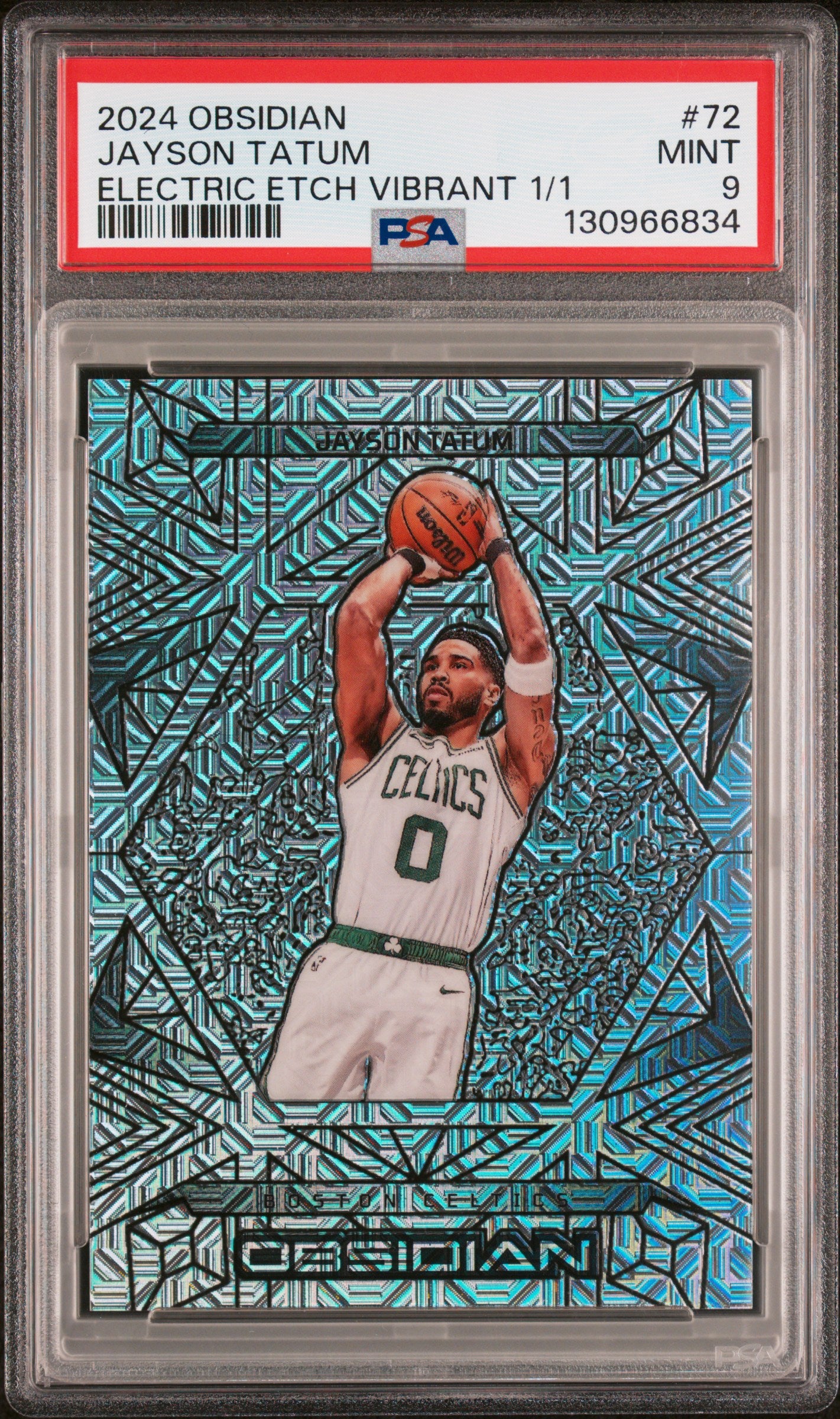 front card 2024 PANINI OBSIDIAN JAYSON TATUM ELECTRIC ETCH VIBRANT 1/1 PSA MINT 9 