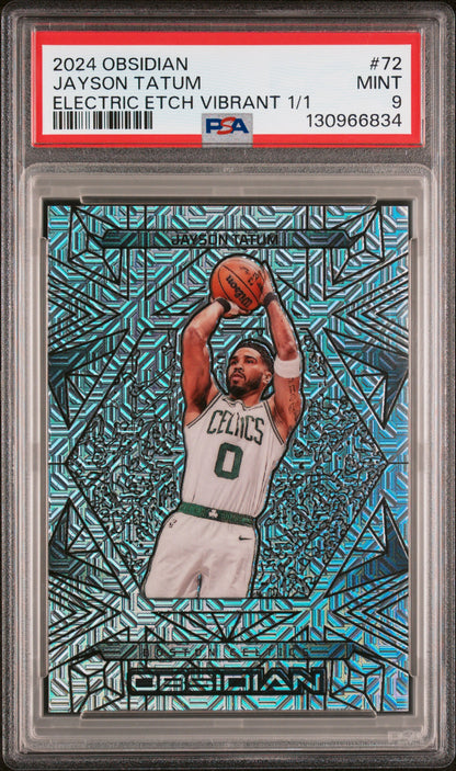 front card 2024 PANINI OBSIDIAN JAYSON TATUM ELECTRIC ETCH VIBRANT 1/1 PSA MINT 9 