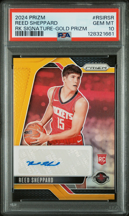 front card 2024 PANINI PRIZM ROOKIE SIGNATURES REED SHEPPARD RK SIGNATURE-GOLD PRIZM PSA GEM MT 10 
