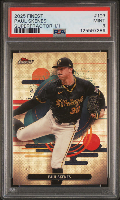 front card 2025 TOPPS FINEST PAUL SKENES SUPERFRACTOR 1/1 PSA MINT 9 