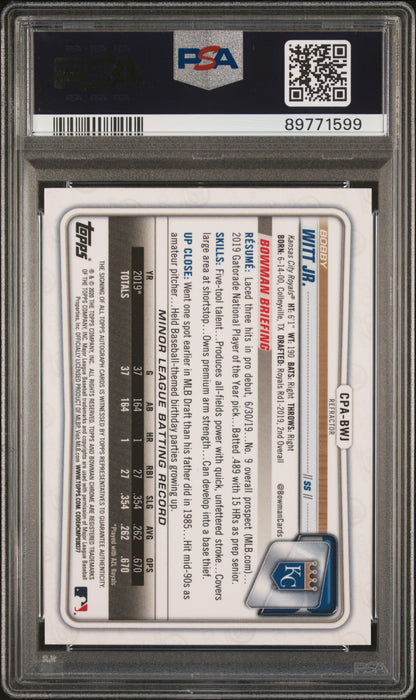 rear card 2020 BOWMAN CHROME PROSPECT AUTOGRAPHS BOBBY WITT JR. PROSPECT AU-REFRACTOR PSA MINT 9 