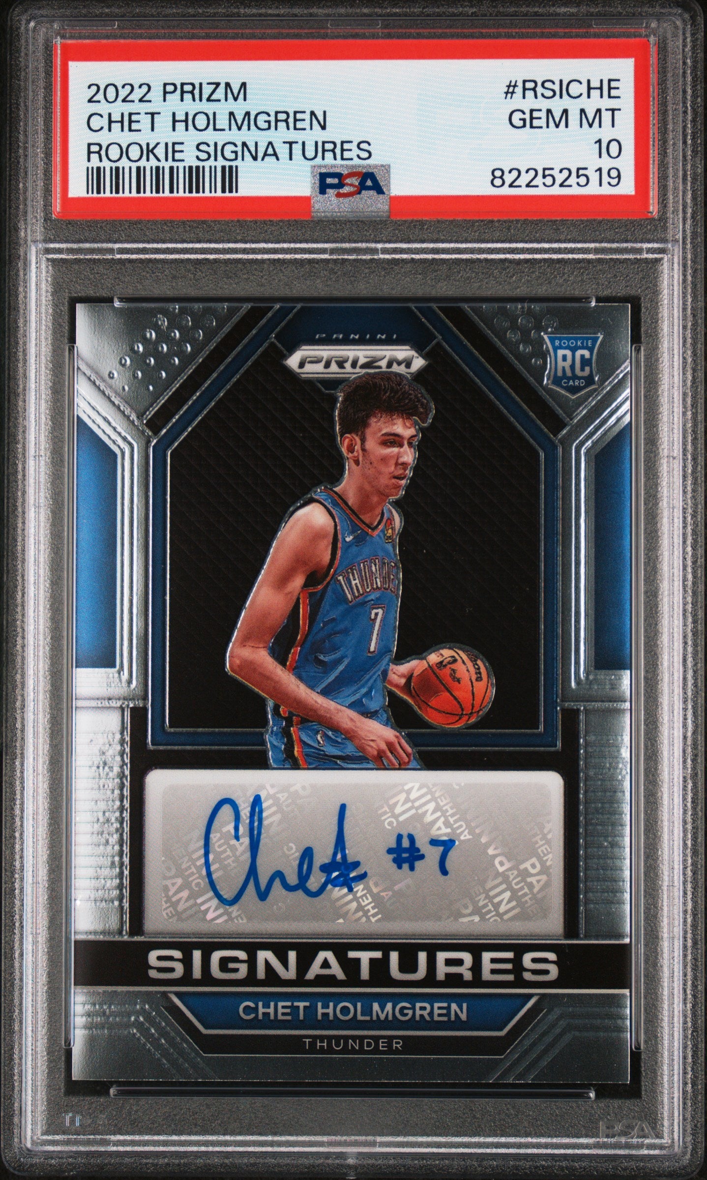 front card 2022 PANINI PRIZM ROOKIE SIGNATURES CHET HOLMGREN ROOKIE SIGNATURES PSA GEM MT 10 