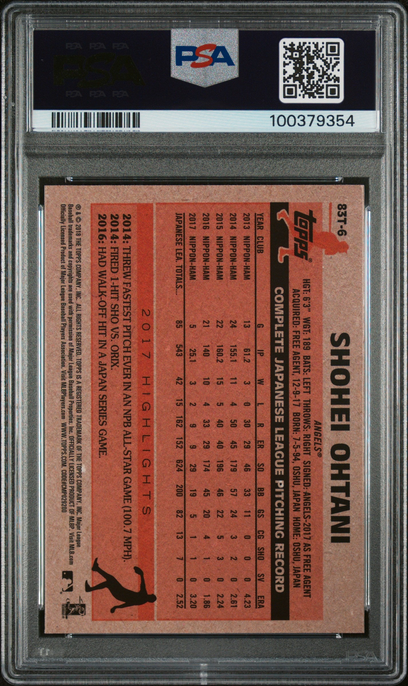 rear card 2018 TOPPS CHROME 1983 TOPPS SHOHEI OHTANI 1983 TOPPS PSA MINT 9 