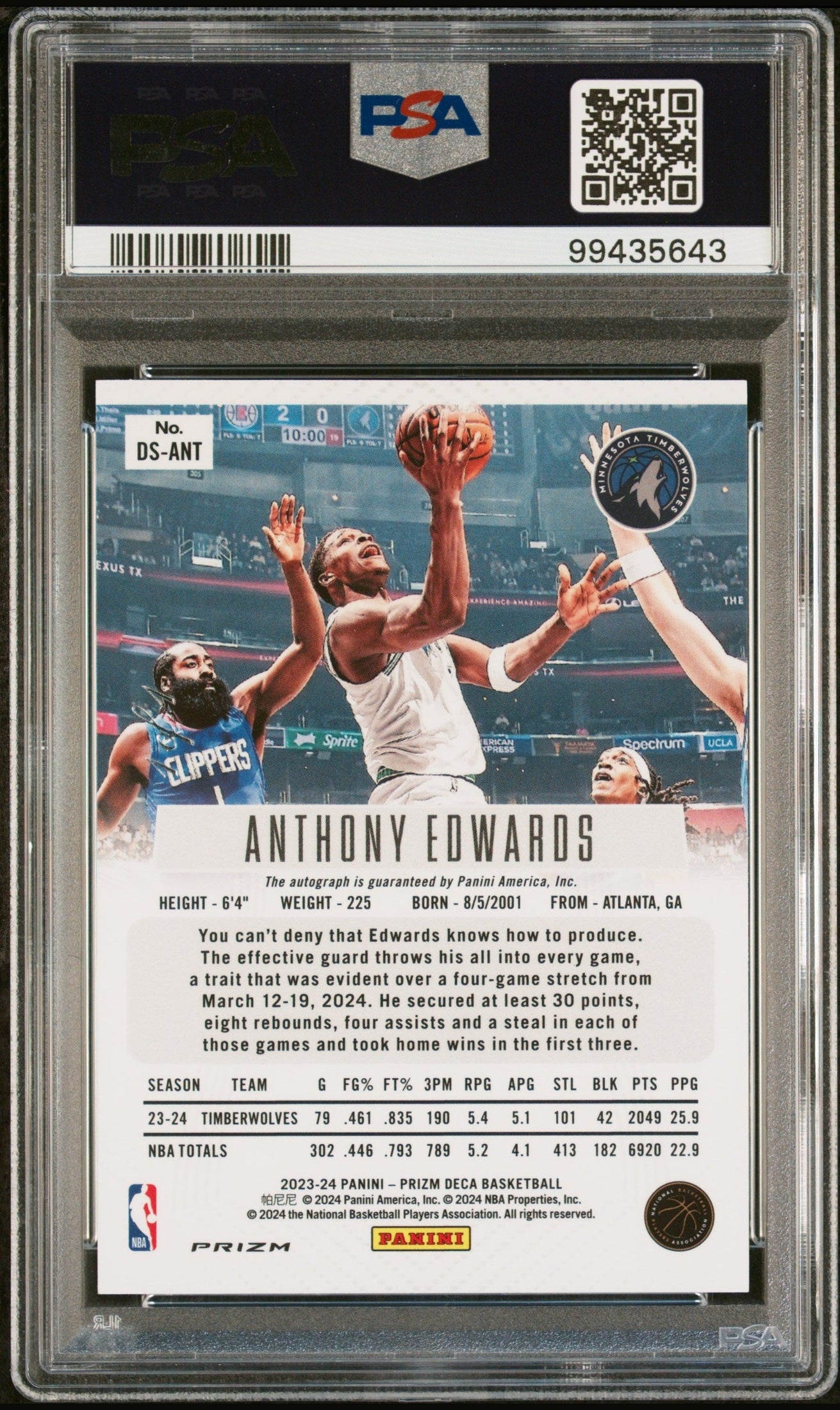 rear card 2023 PANINI PRIZM DECA SIGNATURES ANTHONY EDWARDS SIGNATURE-BLACK SHIMMER 1/1 PSA GEM MT 10 