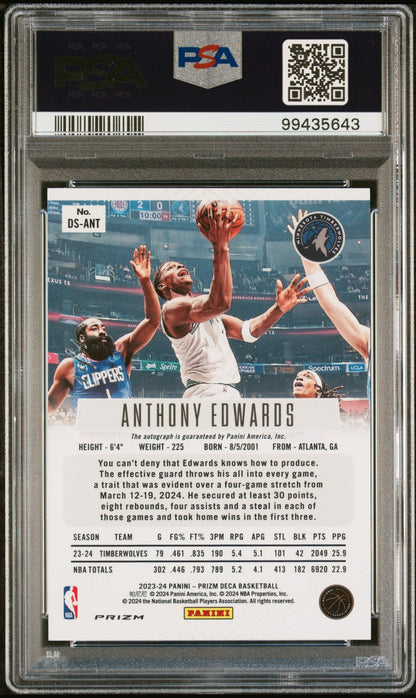 rear card 2023 PANINI PRIZM DECA SIGNATURES ANTHONY EDWARDS SIGNATURE-BLACK SHIMMER 1/1 PSA GEM MT 10 