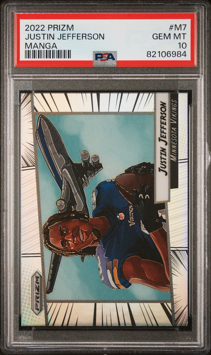 front card 2022 PANINI PRIZM MANGA JUSTIN JEFFERSON MANGA PSA GEM MT 10 