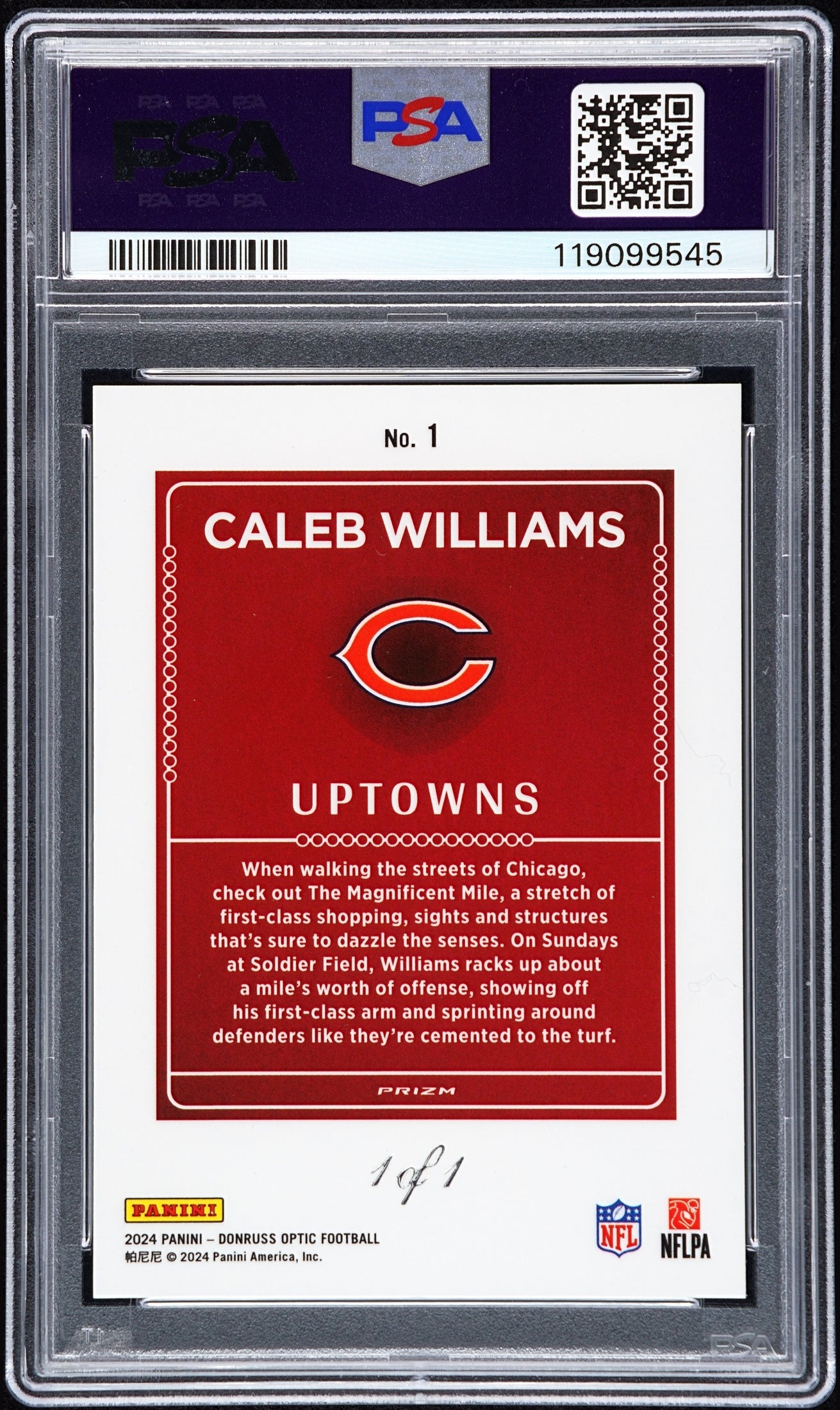 rear card 2024 PANINI DONRUSS OPTIC UPTOWNS CALEB WILLIAMS UPTOWNS-WHITE SPARKLE 1/1 PSA MINT 9 