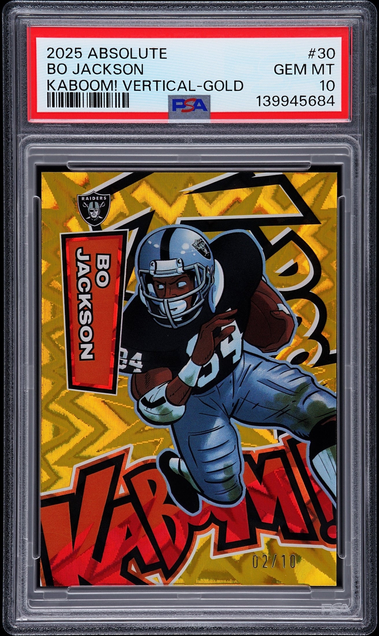 front card 2025 PANINI ABSOLUTE KABOOM! VERTICAL BO JACKSON KABOOM! VERTICAL-GOLD PSA GEM MT 10 